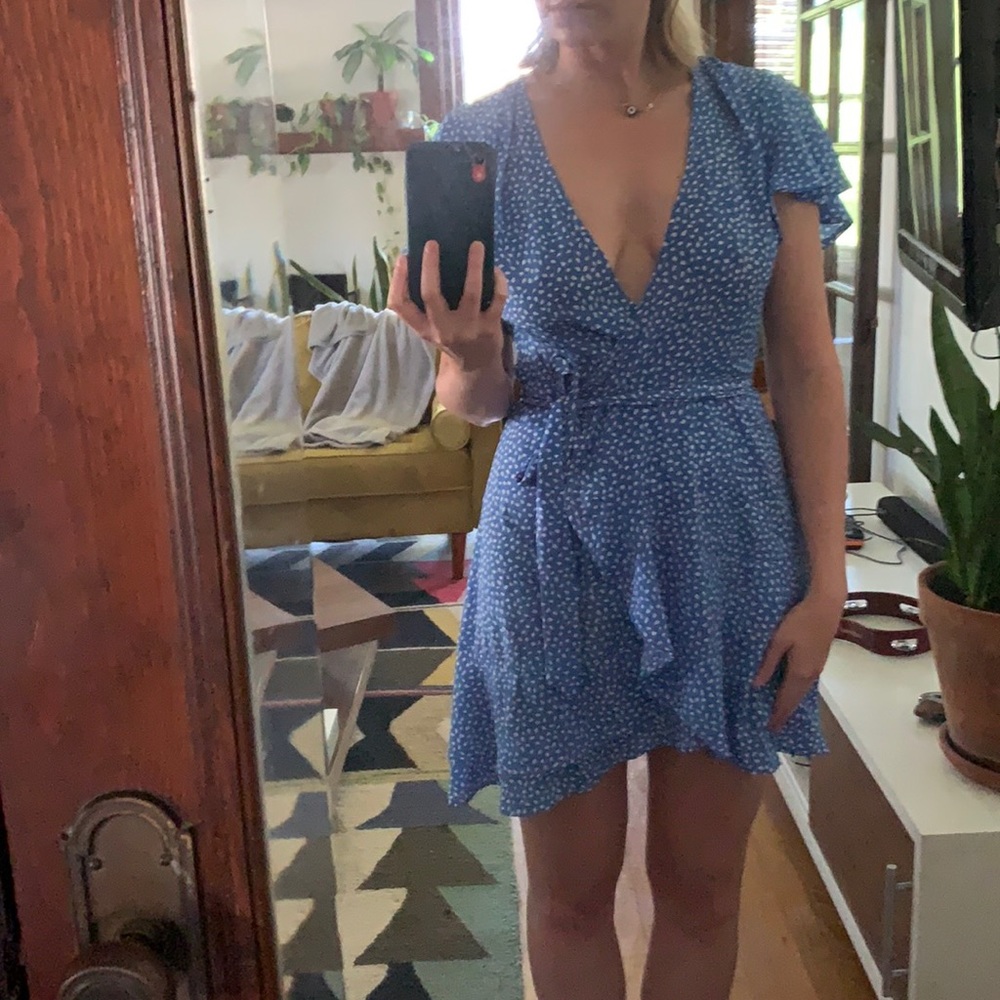 Blue with white dots; mini wrap dress